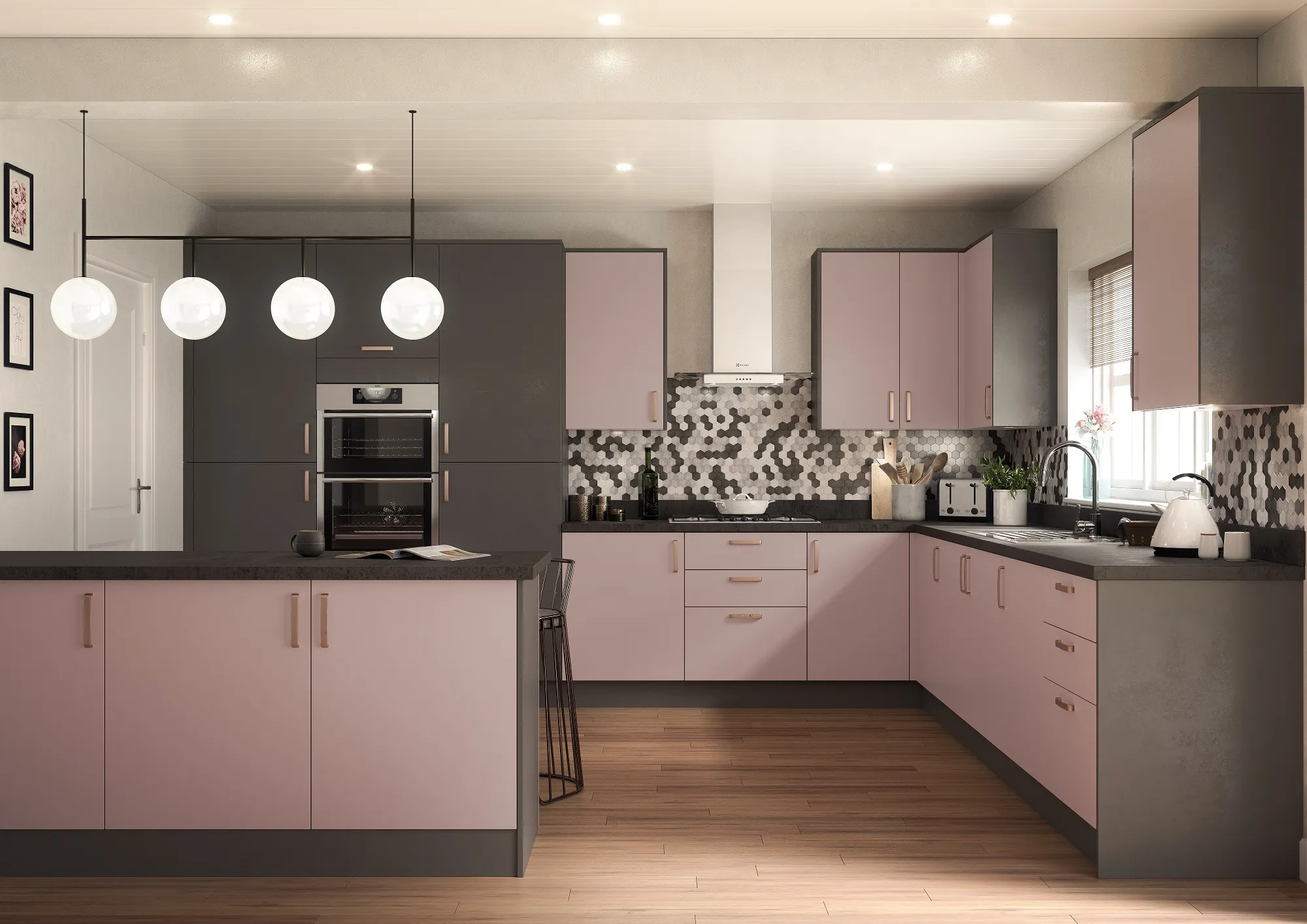 a kitchen with pink cabinets and a black counter top