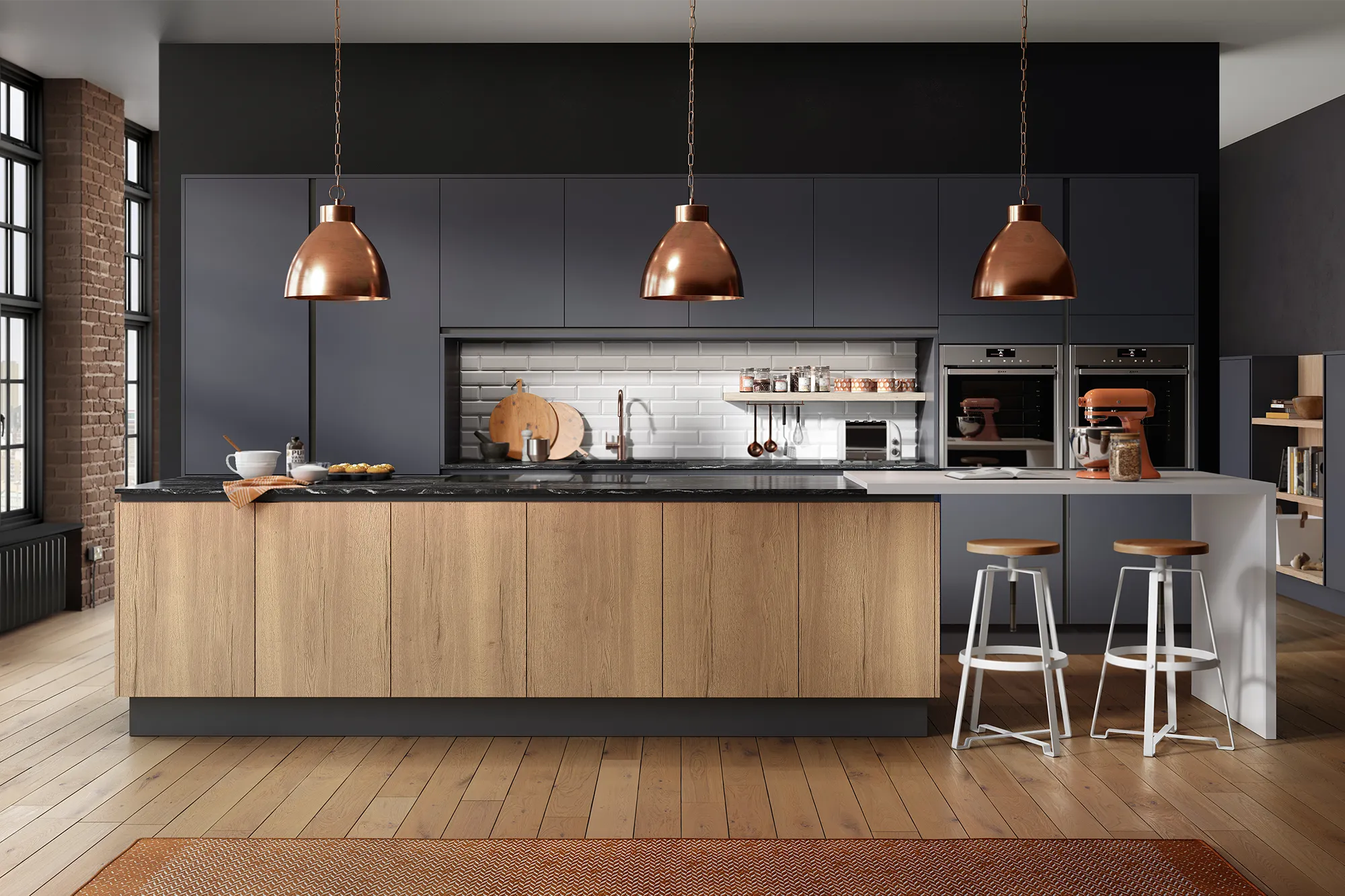 a modern kitchen with a wooden floor and black walls
