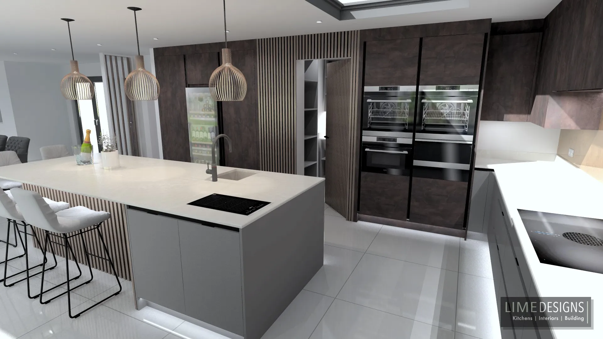 A modern kitchen with a center island and bar stools.